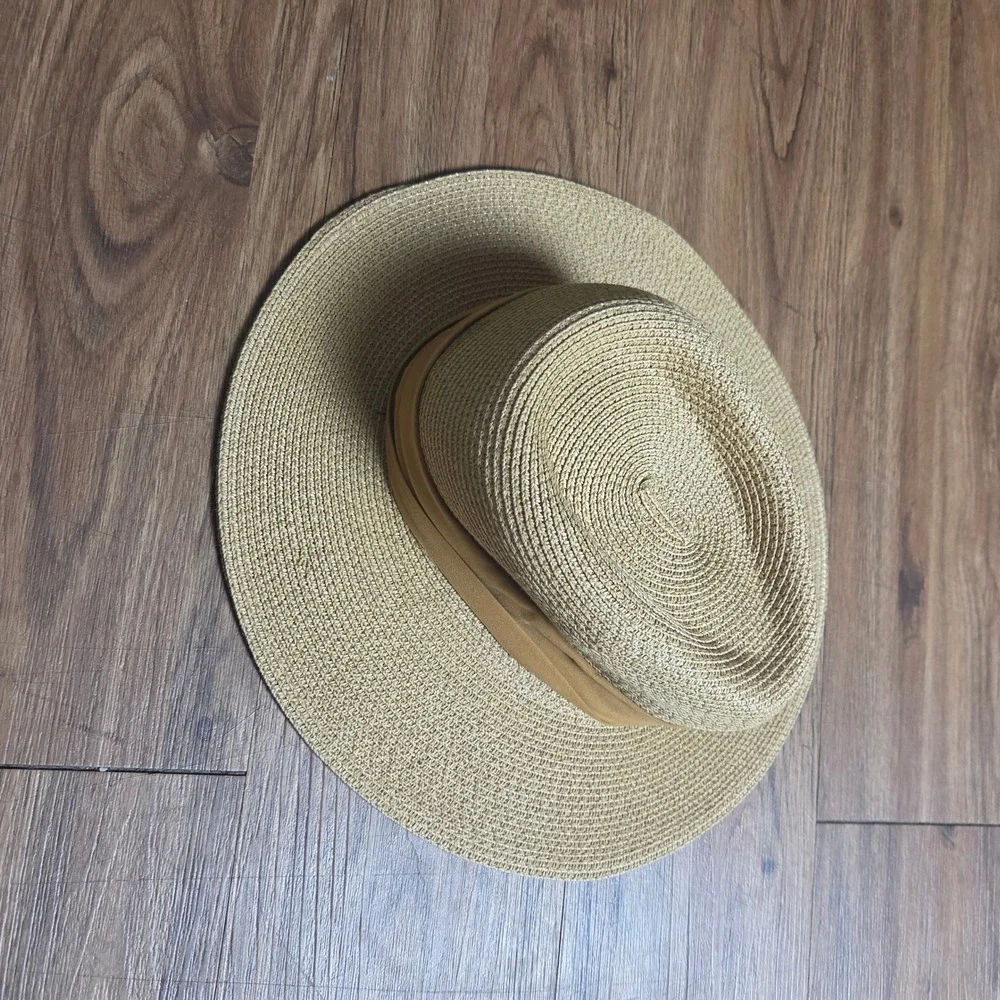 Furtalk Tan Straw Fedora Sun Hat Wide Brim M Summer Beach Resort Chic Coastal